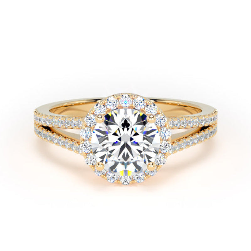Round Diamond Engagement Ring, Split Diamond Shoulder Halo | RHF01