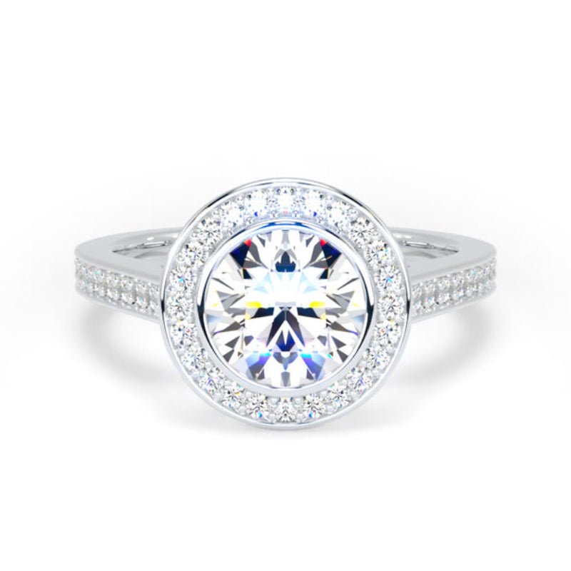 Round Diamond White Gold Ring, Grain Shoulder Bezel Halo | LGR RHG01