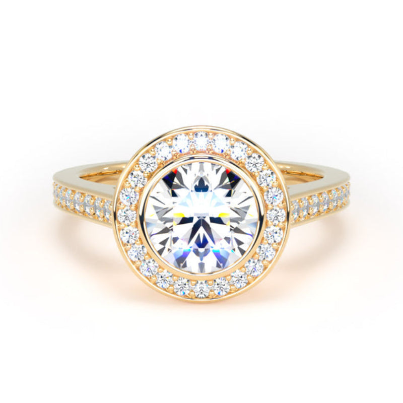 Round Diamond Yellow Gold Ring, Grain Shoulder Bezel Halo | LGR RHG01