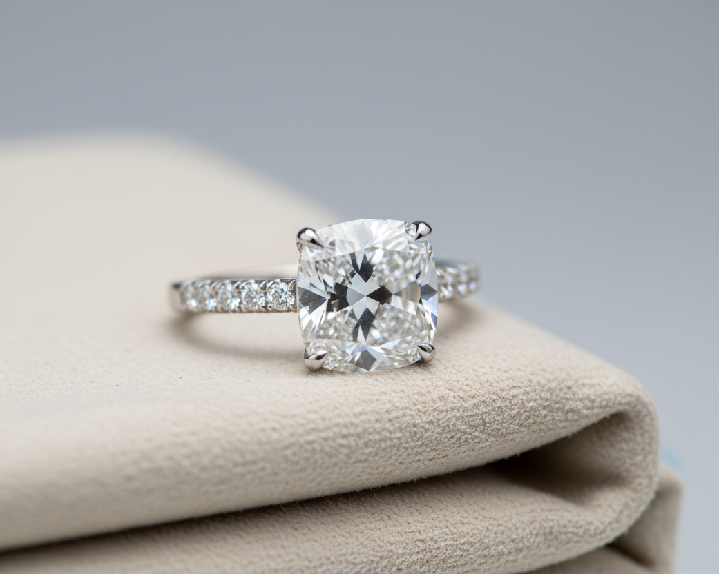 A radiant cut diamond engagement ring with a silver-colored band set with small diamonds, resting on a beige fabric surface against a soft gray background.