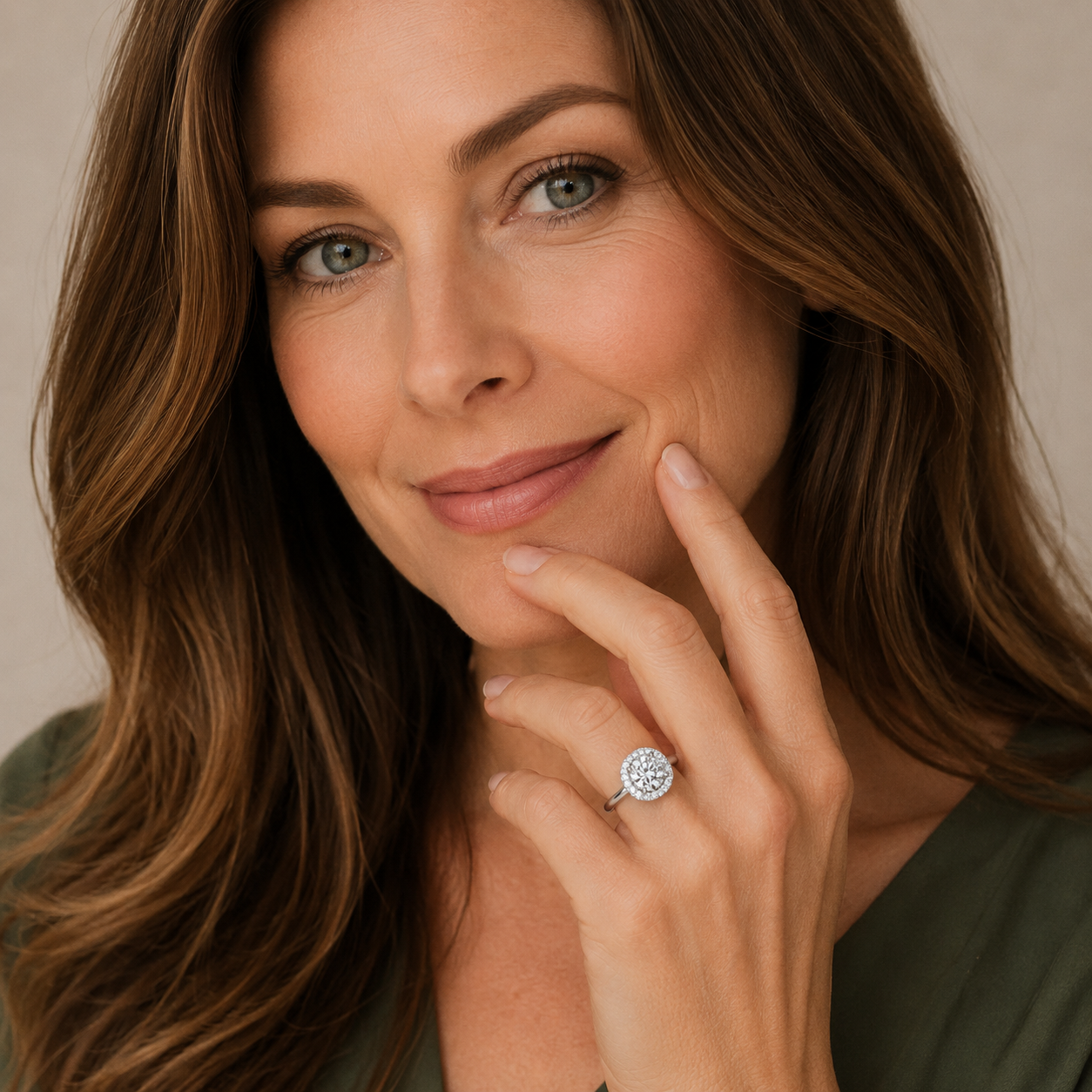Woman wearing a diamond ring on her finger, with a neutral background