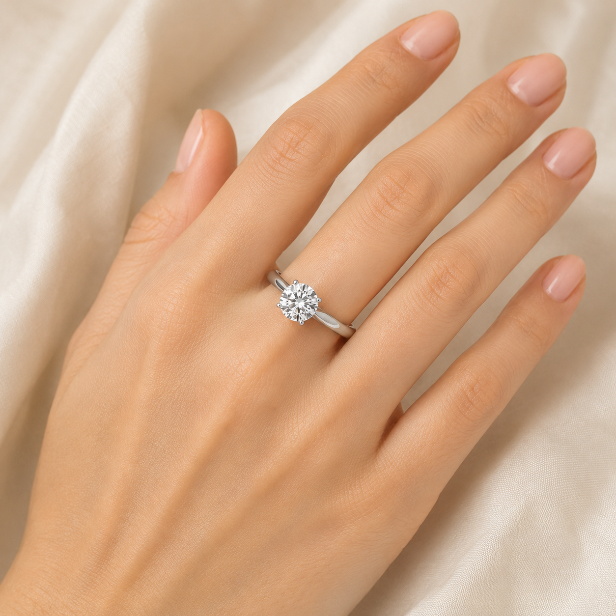 Hand wearing a diamond ring on a neutral background