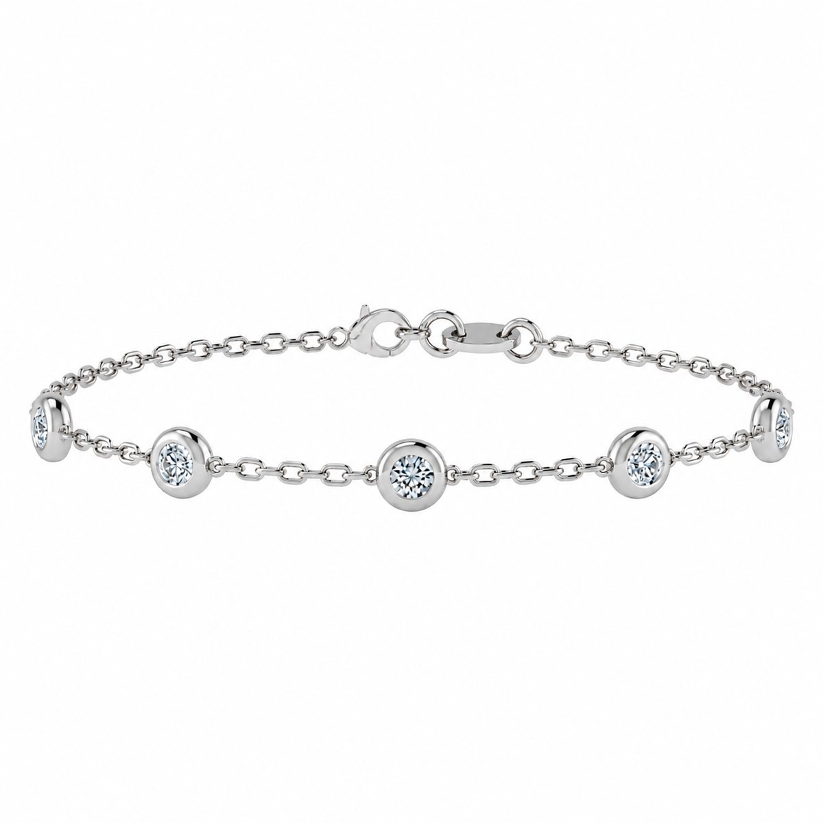 Round Diamond Platinum Bracelet | Single Row Chain Bracelet, Rubover Set | BT1004