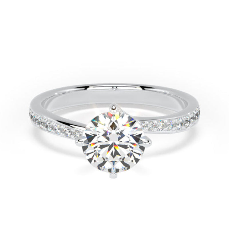 Round Diamond White Gold Ring, Twisted Grain Shoulder Set | SMR RSG03