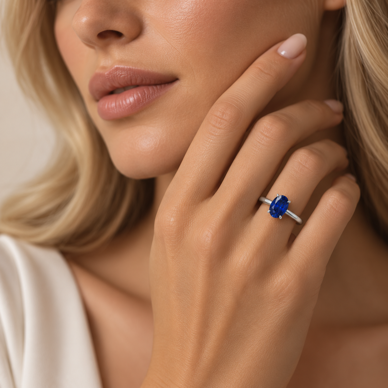 A close-up lifestyle shot of a woman wearing a silver ring with a round-cut deep blue gemstone on her finger.
