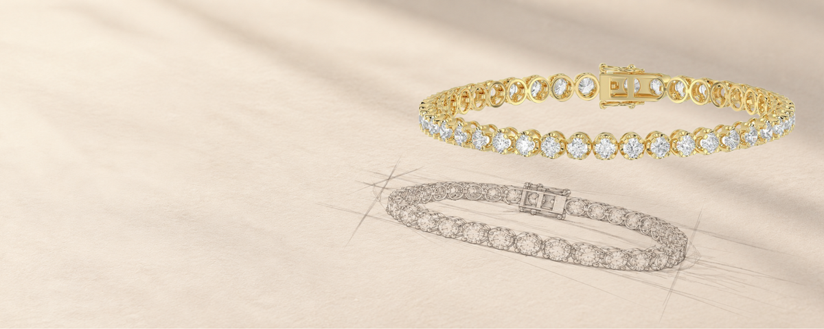 A tennis bracelet in yellow gold with round clear stones, shown above a matching sketch or alternate view of the same bracelet in silver-toned metal on a warm beige background.